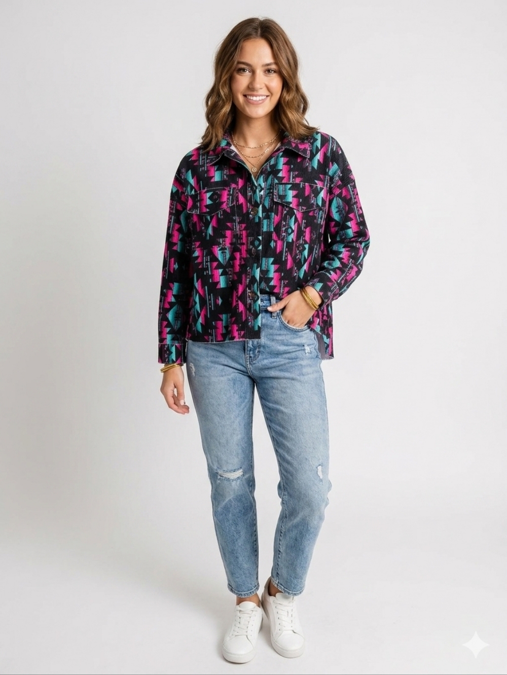 Sterling Kreek Aztec New Shacket Oversize Womens Small Button Front Festive